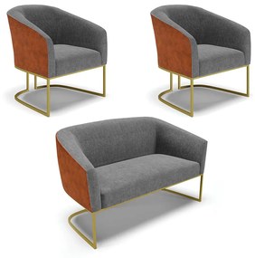 Namoradeira e 2 Poltronas Industrial Dourado Stella Noz/Linho Grafite D03 - D'Rossi