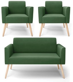 Sofá Namoradeira com 2 Poltronas Pés Palito Natural Marisa Suede Verde D03 - D'Rossi