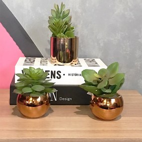 Vaso Decorativo Dourado Com Suculenta Artificial Sedum Hirsutum - D'Rossi