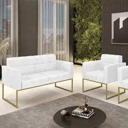 Sofá Namoradeira e 1 Poltrona Base Industrial Dourado Ana Sintético PU
