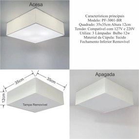 Plafon Quadrado Vivare Md-3001 Cúpula em Tecido 35x35x12cm - Bivolt - Para 3 Lâmpadas Bulbo 12w Não Inclusa