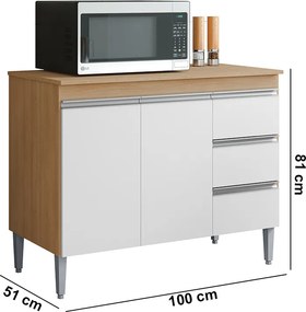 Balcão Cozinha com Tampo 100cm 3 Gavetas Leticia A01 - D'Rossi - Amendoa e Branco