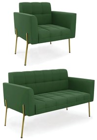 Sofá Namoradeira e Poltrona Pé de Ferro Dourado Elisa Suede D03 - D'Rossi - Verde
