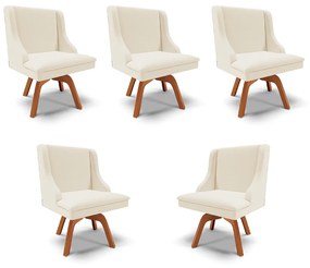 Kit 5 Cadeiras Decorativas Sala de Jantar Base Giratória de Madeira Firenze Linho Bege/Natural G19 - Gran Belo