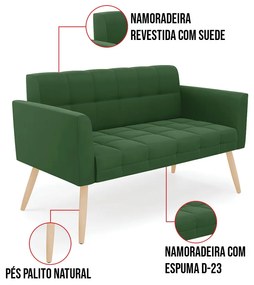 Kit 1 Sofá Namoradeira e 1 Poltrona Elisa Suede Verde Pés Palito Natural D03 - D'Rossi