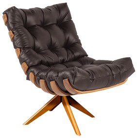 Poltrona com Puff Giratório Costela Couro Marrom Base de Madeira MA30 M11 - D'Rossi