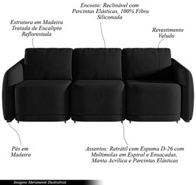 Sofá Cama Modulado Retrátil e Reclinável Decorativo Varsóvia 246cm Veludo Preto G33 - Gran Belo