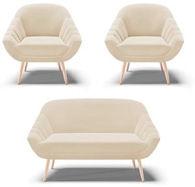 Kit 01 Namoradeira 02 Lugares e 02 Poltronas Giovana Suede Bege Pés Palito Natural - D'Rossi