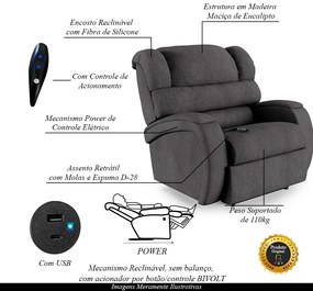 Poltrona do Papai Sala de Cinema Reclinável Kylie Controle Power Elétrico USB Linho Chumbo G23
