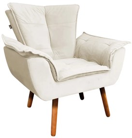 Poltrona e Puff Decorativo Pé Palito de Madeira Opala Veludo Bege D03 - D'Rossi