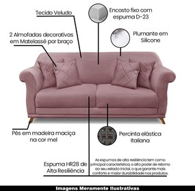 Sofá Decorativo 220cm 3 Lugares com 4 Almofadas Armstrong Veludo Lilás G63 - Gran Belo
