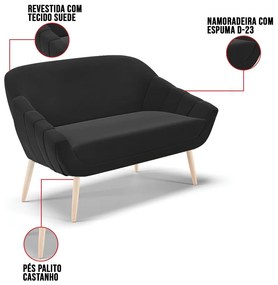 Kit 01 Namoradeira 02 Lugares e 02 Poltronas Giovana Suede Pés Palito Natural D01 - D'Rossi - Preto