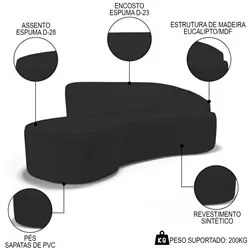 Sofá Living 2 Lugares 180cm Braço Direito Mozart D06 Sintético Preto -