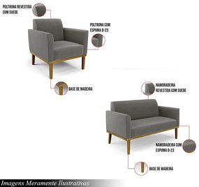 Conjunto Poltrona e Namoradeira Decorativa Isabella Pés Fixo em Madeira Castanho Suede Grafite G19 - Gran Belo