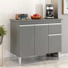 Balcão Cozinha com Tampo 100cm 3 Portas Taylla A01 - D'Rossi - Cinza