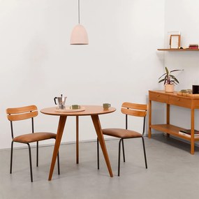 Conjunto Mesa de Jantar Square Tripé Redonda 88cm Louro Freijó + 2 Cadeiras Ribs PU Caramelo