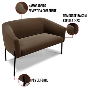 Sofá 2 Lugares Namoradeira Pé de Ferro Preto Stella Suede D03 - D'Rossi - Marrom