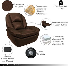 Poltrona do Papai Sala de Cinema Reclinável Carrie Manual Glider Giratória Couro Marrom Tabaco Manchado G40 - Gran Belo