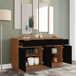 Balcão Aparador Buffet 4 Portas 2 Gavetas 100% MDF Anne N02 Ypê/Preto