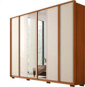Guarda Roupa Santi Ripado com 6 Portas e 2 Espelhos 4 Gavetas em MDF Freijo/OffWhite G11 - Gran Belo