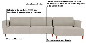 Sofá 310cm com Chaise Direita Franz Suede Bege G52 - Gran Belo