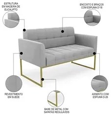 Sofá Namoradeira Base Industrial Dourado Ana Suede Cinza - Ibiza