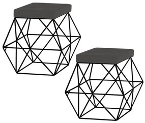 Kit 2 Puffs Decorativo Sala de Estar Base Preto Trixie Suede Cinza G41 - Gran Belo