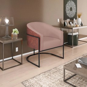Poltrona Luiza Base de Ferro Preto Corano Nozes e Linho Rosê - ADJ Decor