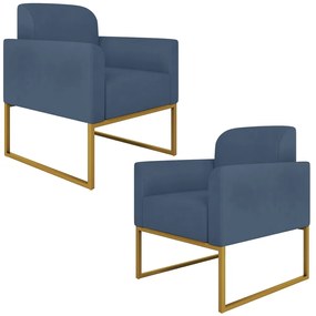 Kit 2 Poltronas Decorativas Isabella Base Industrial Suede Azul Marinho/Dourado G19