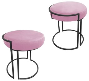 Puff Redondo Base Industrial Preto Kit 2 Love Suede - Rosa Bebê