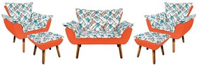 Kit 01 Namoradeira com 02 Poltronas e 02 Puffs Opala Composê Suede com Estampado Traçado Azul D33 Pés Palito Castanho - Laranja