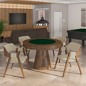 Conjunto Mesa de Jogos Carteado Bellagio Tampo Reversível Verde e 4 Cadeiras Madeira Poker Base Cone Linho OffWhite/Nogueira G42 - Gran Belo