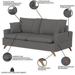 Sofá 200cm 3 Lugares com Almofadas Pés Curvos Veras Suede D05 Cinza -