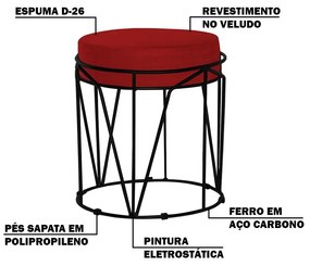 Puff Decorativo Sala de Estar Base Preto Chloe Veludo Vermelho G41 - Gran Belo
