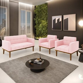 Namoradeira com 2 Poltronas Base de Madeira Castanho Elisa Suede D03 - D'Rossi - Rosa Bebê