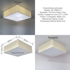 Plafon Quadrado Md-3000 Cúpula em Tecido 25x25X12cm Algodão Crú - Bivolt