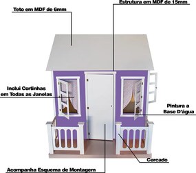 Casinha de Brinquedo com Cercado e Cortinas Roxa/Branco L12 - Gran Belo
