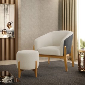 Poltrona e Puff Decorativo Base Madeira Stella PU Preto/Bouclê D03 - D'Rossi - Bege