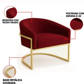 Poltrona Sala Decorativa Industrial Dourada Kit 2 Arielle Veludo Marsala