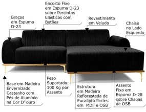 Sofá 4 Lugares Bipartido com Chaise Lado Esquerdo Base de Madeira Euro 265 cm Veludo Preto G15 - Gran Belo