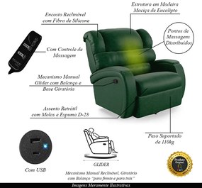 Poltrona do Papai Sala de Cinema Reclinável Kylie Glider Manual Giratória Massagem USB PU Verde Musgo G23