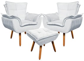 02 Poltronas e 01 Puff Pé Palito de Madeira Opala Suede D03 - D'Rossi - Cinza