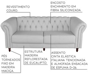 Sofá 3 Lugares Maggiore 220cm Couro Branco G58 - Gran Belo