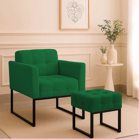 Poltrona Sala e Puff Decorativo Industrial Elisa Veludo D03 - D'Rossi - Verde