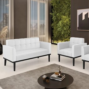 Conjunto Poltrona e Namoradeira Decorativa Karen Pés Fixo em Madeira Preto PU Branco G19 - Gran Belo