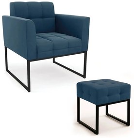 Poltrona Sala e Puff Decorativo Industrial Elisa Suede D03 - D'Rossi - Azul Marinho