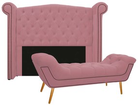 Kit Cabeceira e Calçadeira Veneza 195 cm King Size Suede Rosa Bebê - ADJ Decor