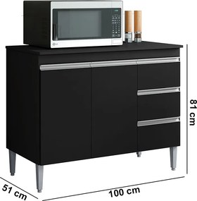 Balcão Cozinha com Tampo 100cm 3 Gavetas Leticia A01 - D'Rossi - Preto