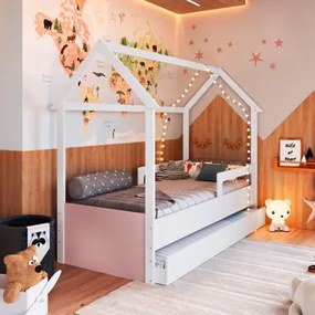 Cama Infantil Montessoriana com Cama Auxiliar Branco com Rosa Completa Móveis