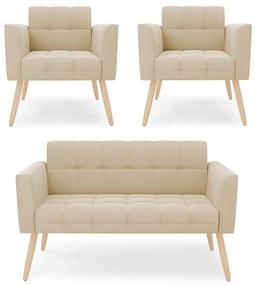 Kit 1 Sofá Namoradeira e 2 Poltronas Elisa Suede Pés Palito Natural - D'Rossi - Bege